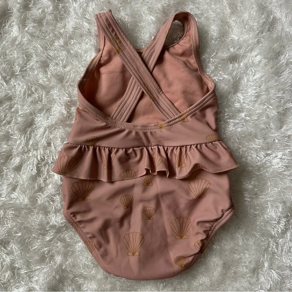 Kids One-Piece Swim Suit in Dusty Rose with Shell Print